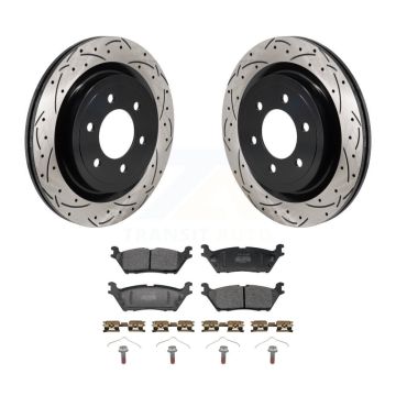 Rear Coated Drilled Slot Disc Brake Rotors Semi-Metallic Pad Kit For Ford F-150 Lightning KDF-101352