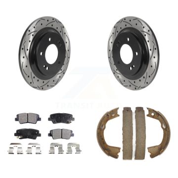 Rear Disc Drilled & Slotted Rotors Semi-Metallic Pads Parking Shoes Kit For Kia Optima KDF-101394