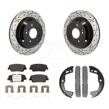 Rear Disc Drilled & Slotted Rotors Semi-Metallic Pads Parking Shoes Kit For Kia Stinger KDF-101403