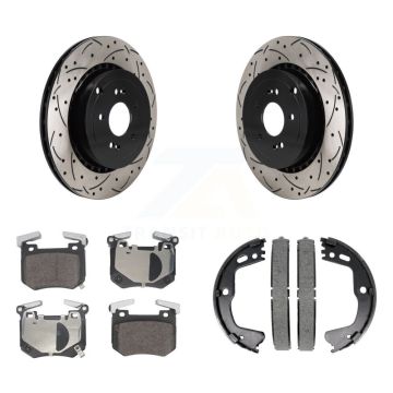 Rear Disc Drilled & Slotted Rotors Semi-Metallic Pads Parking Shoes Kit For Kia Stinger KDF-101404