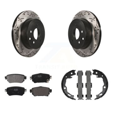 Rear Disc Drilled & Slotted Rotors Semi-Metallic Pads And Parking Brake Shoes Kit For KDF-101411