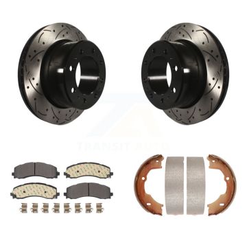 Rear Disc Drilled & Slotted Rotors Semi-Metallic Pads And Parking Shoes Kit For Ram 3500 KDF-101434