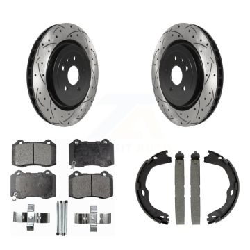 Rear Disc Drilled & Slotted Rotors Semi-Metallic Pads Parking Shoes Kit For Chevrolet CTS KDF-101438