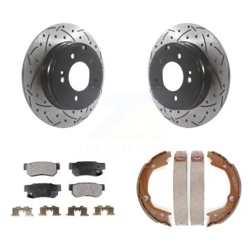 Rear Disc Drilled & Slotted Rotors Semi-Metallic Pads And Parking Brake Shoes Kit For KDF-101441