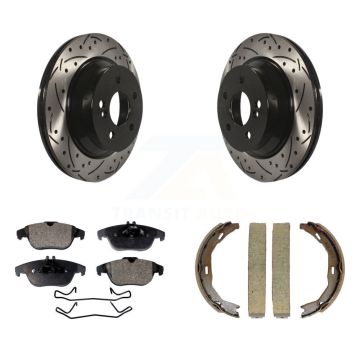 Rear Disc Drilled & Slotted Rotors Semi-Metallic Pads And Parking Brake Shoes Kit For KDF-101466