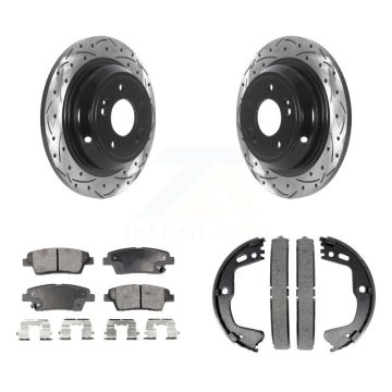 Rear Disc Drilled & Slotted Rotors Semi-Metallic Pads Parking Shoes Kit For Hyundai G80 KDF-101469