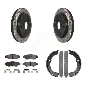 Rear Disc Drilled & Slotted Rotors Semi-Metallic Pads Parking Shoes Kit For Chevrolet CTS KDF-101473