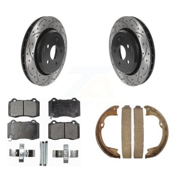 Rear Disc Drilled & Slotted Rotors Semi-Metallic Pads Parking Shoes Kit For Jeep Grand KDF-101474
