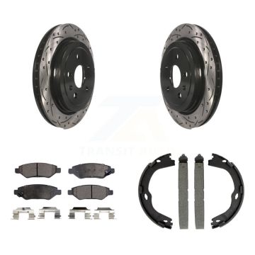Rear Disc Drilled & Slotted Rotors Semi-Metallic Pads Parking Shoes Kit For Cadillac CTS KDF-101478