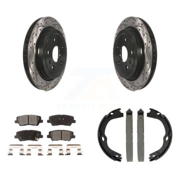 Rear Disc Drilled & Slotted Rotors Semi-Metallic Pads Parking Shoes Kit For Cadillac CTS KDF-101479