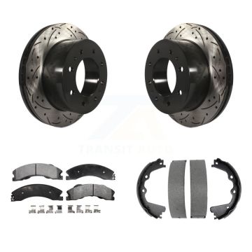 Rear Disc Drilled & Slotted Rotors Semi-Metallic Pads Parking Shoes Kit For GMC Sierra HD KDF-101495