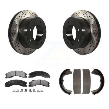 Rear Disc Drilled & Slotted Rotors Semi-Metallic Pads Parking Shoes Kit For Chevrolet HD KDF-101496