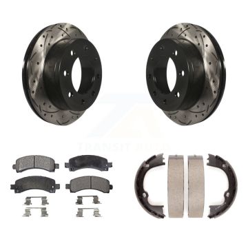 Rear Disc Drilled & Slotted Rotors Semi-Metallic Pads Parking Shoes Kit For Chevrolet GMC KDF-101497