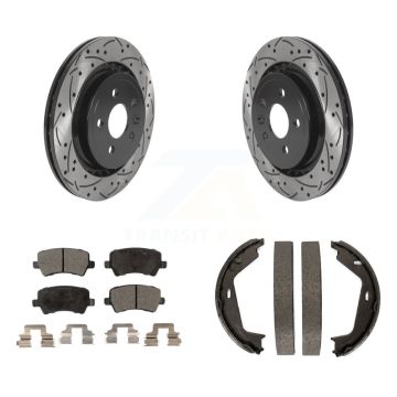 Rear Disc Drilled & Slotted Rotors Semi-Metallic Pads Parking Shoes Kit For Volvo S80 AWD KDF-101507