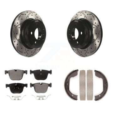 Rear Disc Drilled & Slotted Rotors Semi-Metallic Pads Parking Brake Shoes Kit For BMW X6 KDF-101518
