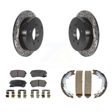 Rear Disc Drilled & Slotted Rotors Semi-Metallic Pads Parking Shoes Kit For Hyundai Kia KDF-101524