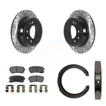 Rear Disc Drilled & Slotted Rotors Semi-Metallic Pads Parking Shoes Kit For Kia Sportage KDF-101525