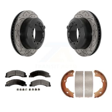 Rear Disc Drilled & Slotted Rotors Semi-Metallic Pads Parking Shoes Kit For Ram Dodge 45 KDF-101541