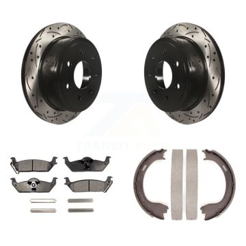 Rear Disc Drilled & Slotted Rotors Semi-Metallic Pads Parking Shoes Kit For Ford F-150 KDF-101548