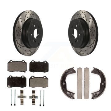 Rear Disc Drilled & Slotted Rotors Semi-Metallic Pads And Parking Brake Shoes Kit For KDF-101562