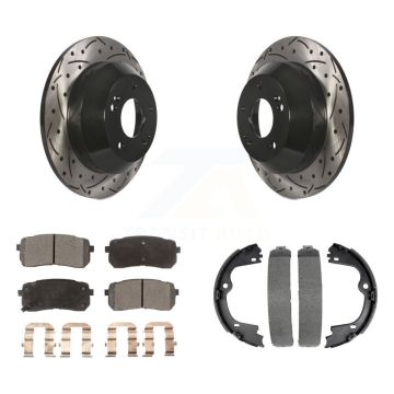 Rear Disc Drilled & Slotted Rotors Semi-Metallic Pads Parking Shoes Kit For Kia Sedona KDF-101571