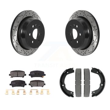 Rear Disc Drilled & Slotted Rotors Semi-Metallic Pads Parking Shoes Kit For Chevrolet GMC KDF-101576