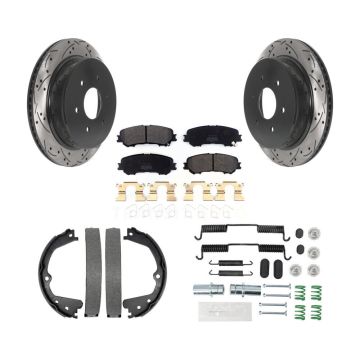 Rear Disc Drilled & Slotted Rotors Semi-Metallic Pads Parking Shoes And Hardware Kit For KDF-101577