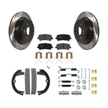 Rear Disc Drilled & Slotted Rotors Semi-Metallic Pads Parking Shoes And Hardware Kit For KDF-101579