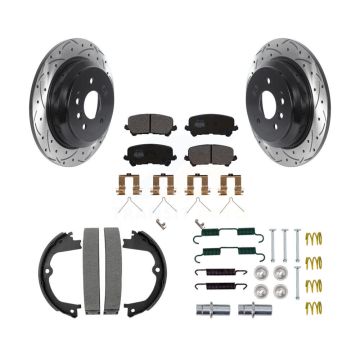 Rear Disc Drilled & Slotted Rotors Semi-Metallic Pads Parking Shoes And Hardware Kit For KDF-101580