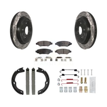 Rear Disc Drilled & Slotted Rotors Semi-Metallic Pads Parking Shoes And Hardware Kit For KDF-101583