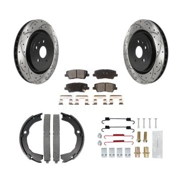 Rear Disc Drilled & Slotted Rotors Semi-Metallic Pads Parking Shoes And Hardware Kit For KDF-101584