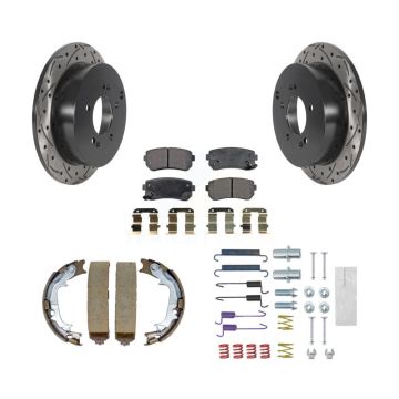 Rear Disc Drilled & Slotted Rotors Semi-Metallic Pads Parking Shoes Hardware Kit For Kia KDF-101587