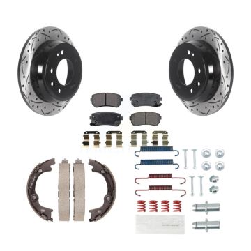 Rear Disc Drilled & Slotted Rotors Semi-Metallic Pads Parking Shoes And Hardware Kit For KDF-101588