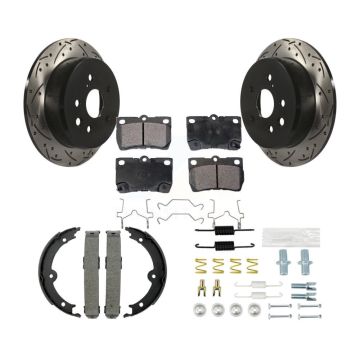 Rear Disc Drilled & Slotted Rotors Semi-Metallic Pads Parking Shoes And Hardware Kit For KDF-101590