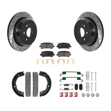 Rear Disc Drilled & Slotted Rotors Semi-Metallic Pads Parking Shoes Hardware Kit For GMC KDF-101593