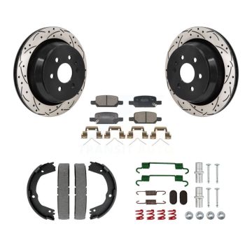 Rear Disc Drilled & Slotted Rotors Semi-Metallic Pads Parking Shoes Hardware Kit For GMC KDF-101594