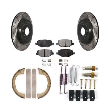 Rear Disc Drilled & Slotted Rotors Semi-Metallic Pads Parking Shoes And Hardware Kit For KDF-101602