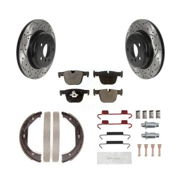 Rear Disc Drilled & Slotted Rotors Semi-Metallic Pads Parking Shoes Hardware Kit For BMW KDF-101605