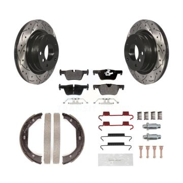 Rear Disc Drilled & Slotted Rotors Semi-Metallic Pads Parking Shoes And Hardware Kit For KDF-101606