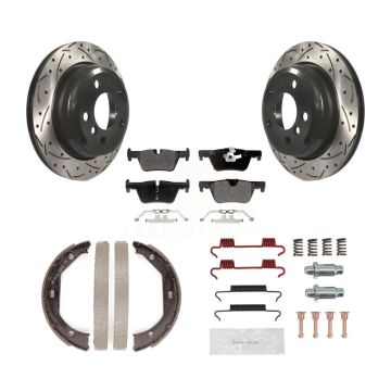 Rear Disc Drilled & Slotted Rotors Semi-Metallic Pads Parking Shoes Hardware Kit For BMW KDF-101608