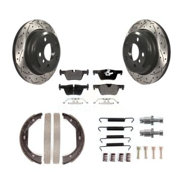 Rear Disc Drilled & Slotted Rotors Semi-Metallic Pads Parking Shoes Hardware Kit For BMW KDF-101609