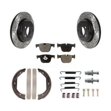Rear Disc Drilled & Slotted Rotors Semi-Metallic Pads Parking Shoes Hardware Kit For BMW KDF-101610