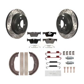 Rear Disc Drilled & Slotted Rotors Semi-Metallic Pads Parking Shoes Hardware Kit For BMW KDF-101615
