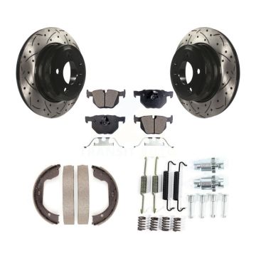 Rear Disc Drilled & Slotted Rotors Semi-Metallic Pads Parking Shoes Hardware Kit For BMW KDF-101619
