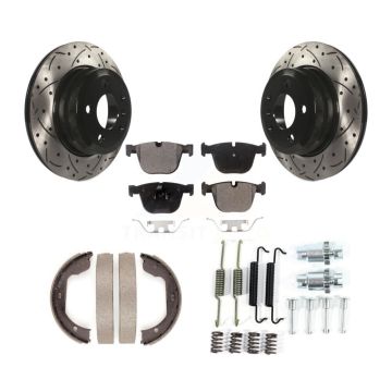 Rear Disc Drilled & Slotted Rotors Semi-Metallic Pads Parking Shoes And Hardware Kit For KDF-101620