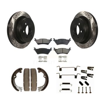 Rear Disc Drilled & Slotted Rotors Semi-Metallic Pads Parking Shoes And Hardware Kit For KDF-101624