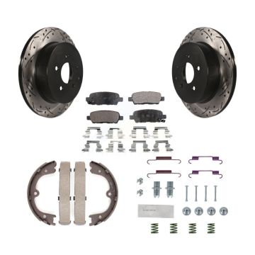 Rear Disc Drilled & Slotted Rotors Semi-Metallic Pads Parking Shoes Hardware Kit For QX60 KDF-101627