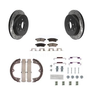 Rear Disc Drilled & Slotted Rotors Semi-Metallic Pads Parking Shoes And Hardware Kit For KDF-101628
