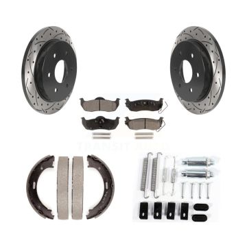 Rear Disc Drilled & Slotted Rotors Semi-Metallic Pads Parking Shoes Hardware Kit For QX56 KDF-101629