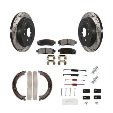 Rear Disc Drilled & Slotted Rotors Semi-Metallic Pads Parking Shoes Hardware Kit For GMC KDF-101630